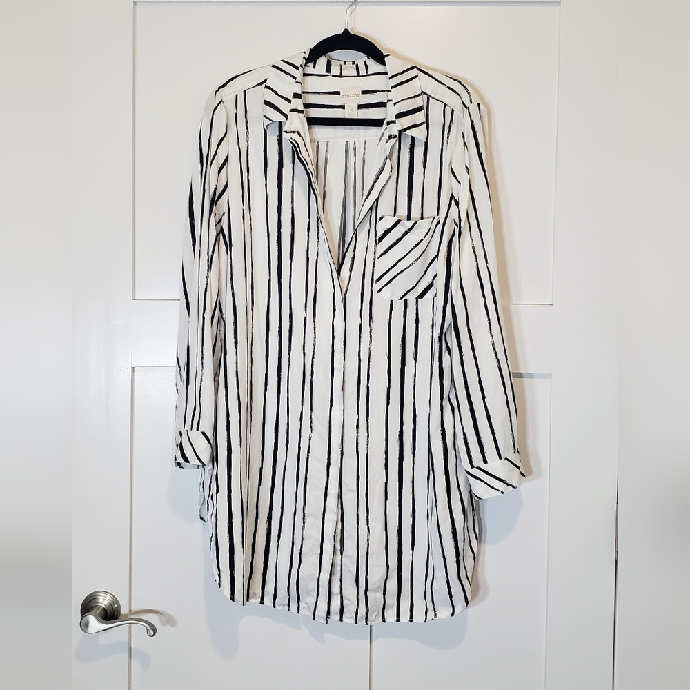 Chico's Lyocell Button Up Shirt Black White Vertical Striped Nautical Size XL/3